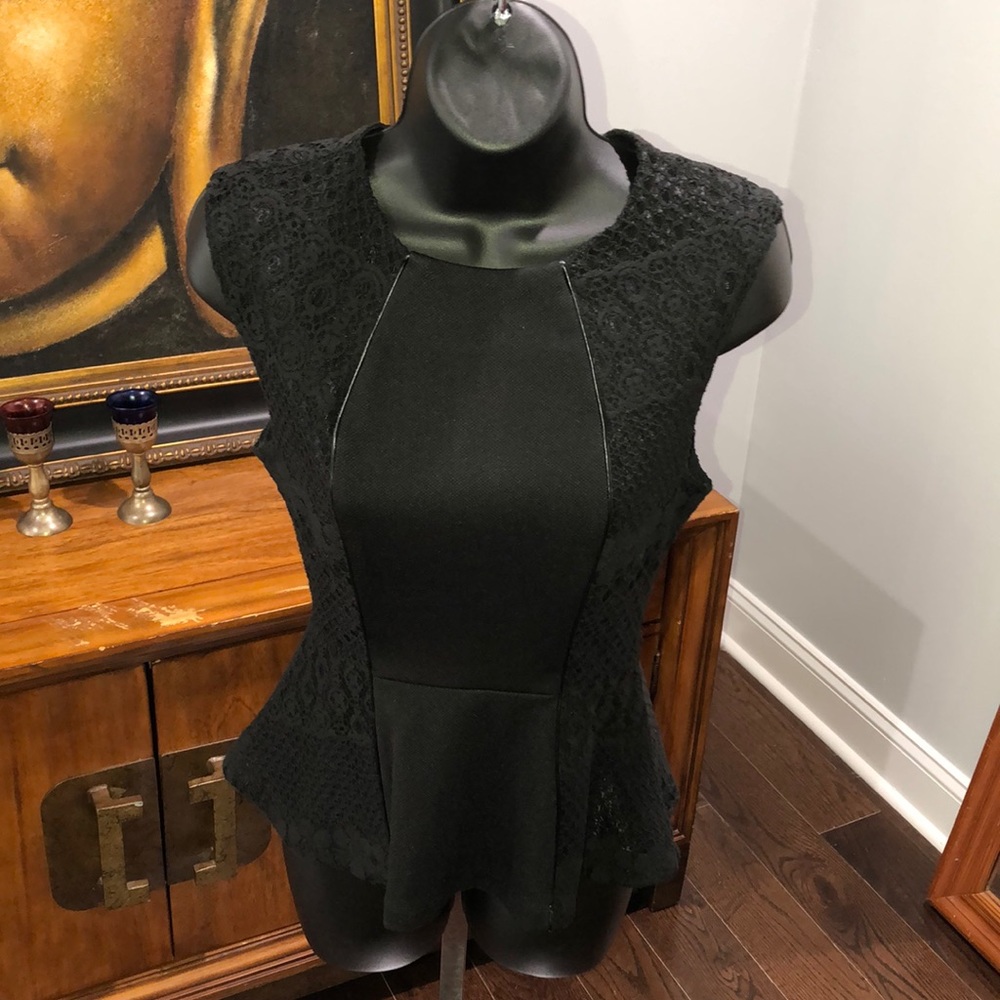 PEPLUM LACE AND FAUX LEATHER TRIM TOP